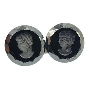 Intaglio Cameo Reverse Carved Black Glass Clip On Earrings Vintage 1.5" x 1.5"